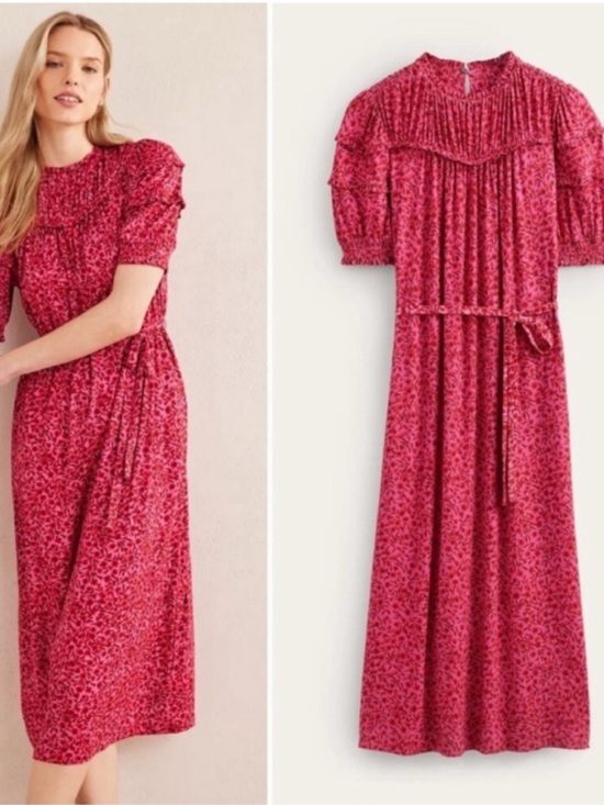 Boden Dresses & Skirts - Boden Pink Red Yoke Detail Jersey Midi Dress in Gin Fizz Abstract Vine Size 8L
